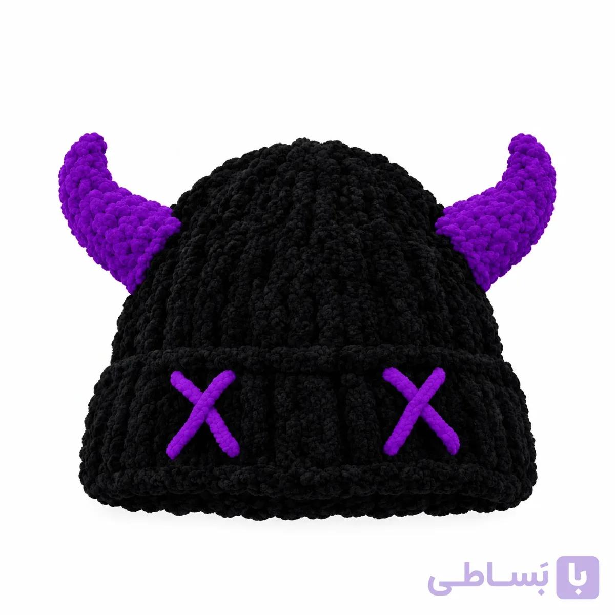کلاه بافت مخمل دستباف مدل شاخ دار بنفش — تصویر 1