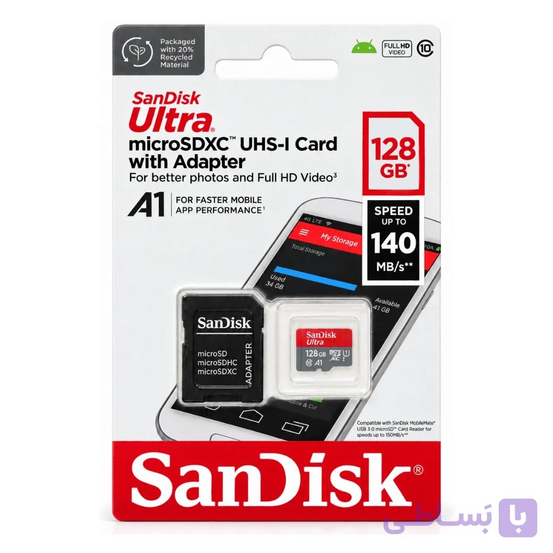 کارت حافظه microSDXC سن دیسک مدل Ultra A1 کلاس 10 استاندارد UHS-I سرعت 140MBps ظرفیت 128 گیگابایت — تصویر 1