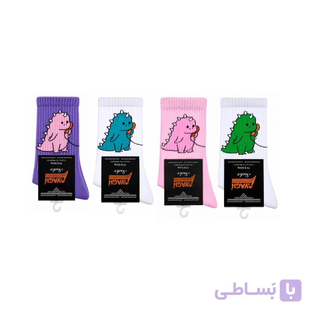 جوراب ساقدار فانتزی کش انگلیسی طرح دایناسور تلفنی کارتونی میکس 4 جفتی — تصویر 1