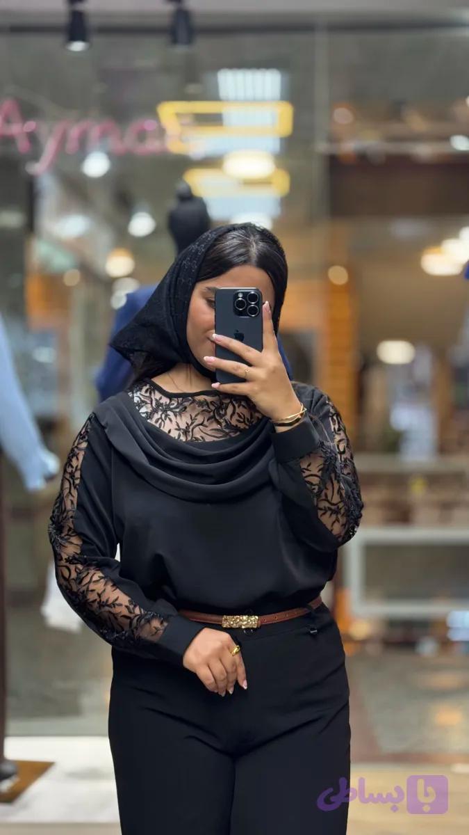 شومیز مجلسی مدل یقه دراپه جنس کرپ الیزه و دانتل