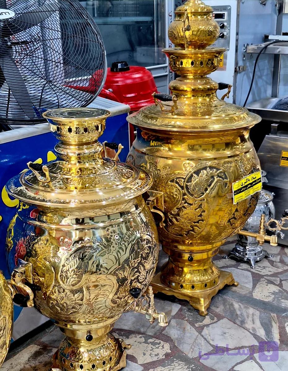 سماور گازی برنجی 15 لیتری تنوره دار طلایی — تصویر 1