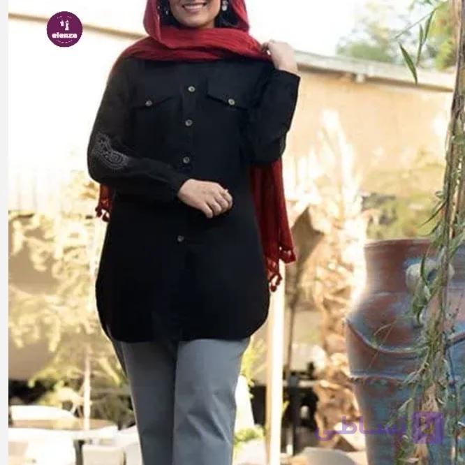 مانتو زنانه کوتاه مشکی گلدوزی شده الیاف طبیعی مدل چیکا