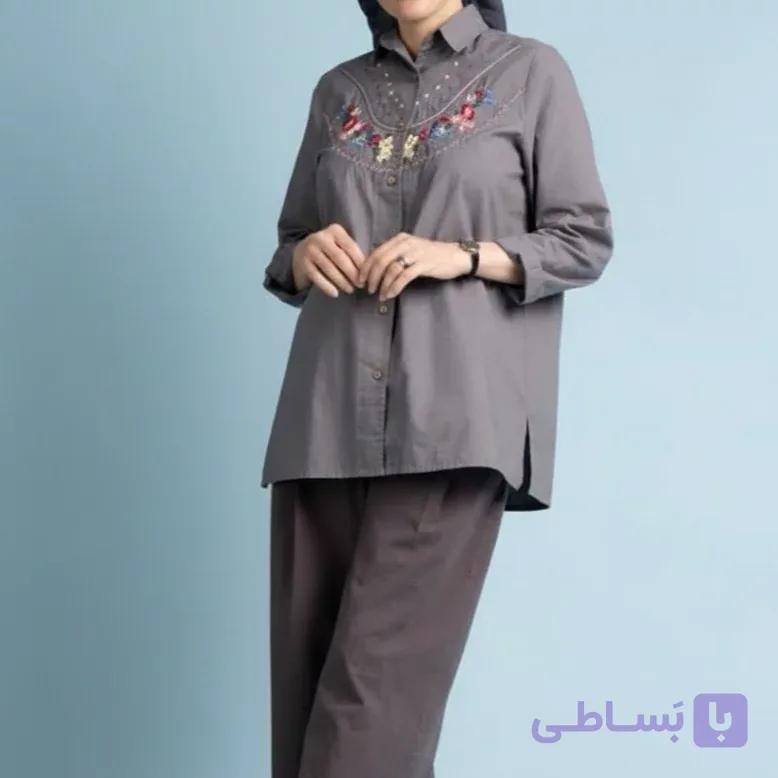 شومیز زنانه نخی الیاف طبیعی گلدوزی مدل گلناز