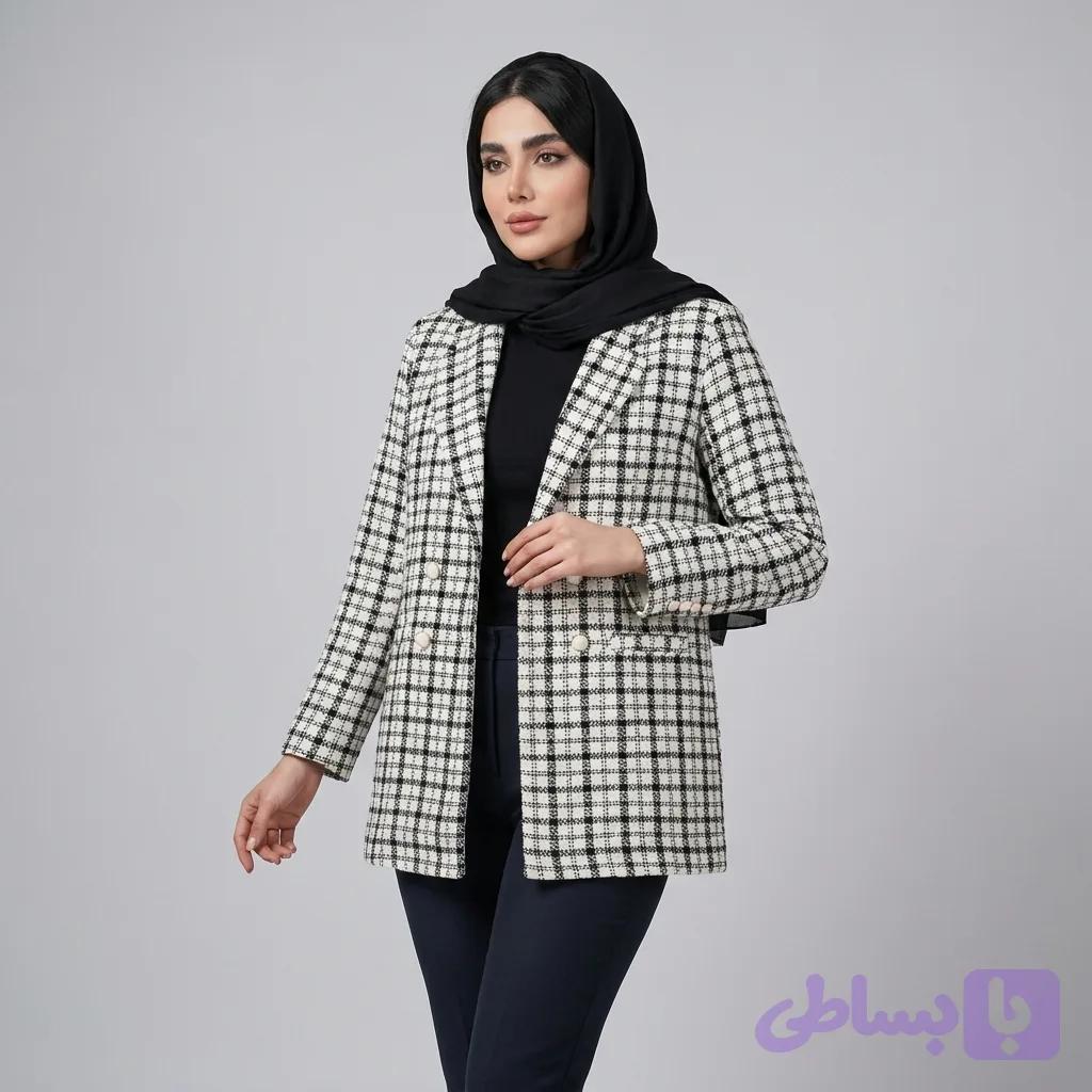 پالتو زنانه مدل بافت شانل طرح شطرنجی چهاردکمه