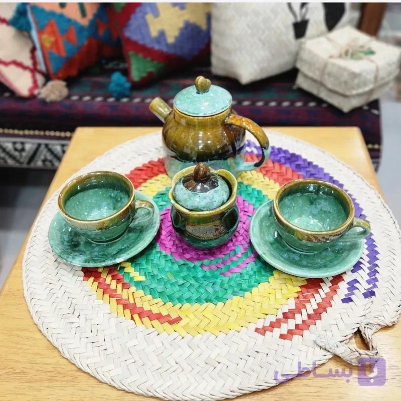 سرویس چایخوری ۴ تکه سفالی دو نفره سبز رنگ براق