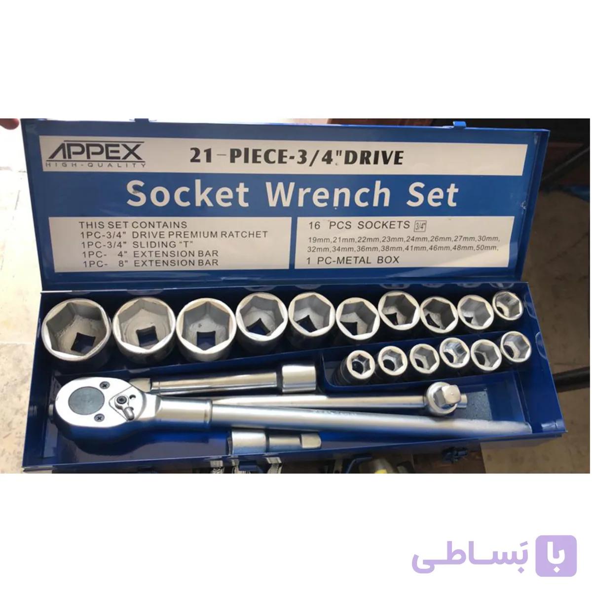 جعبه بکس 3/4 درایو 21 پارچه سایز 19_50 میلی متر جنس فولاد کروم وانادیوم appex تایوان