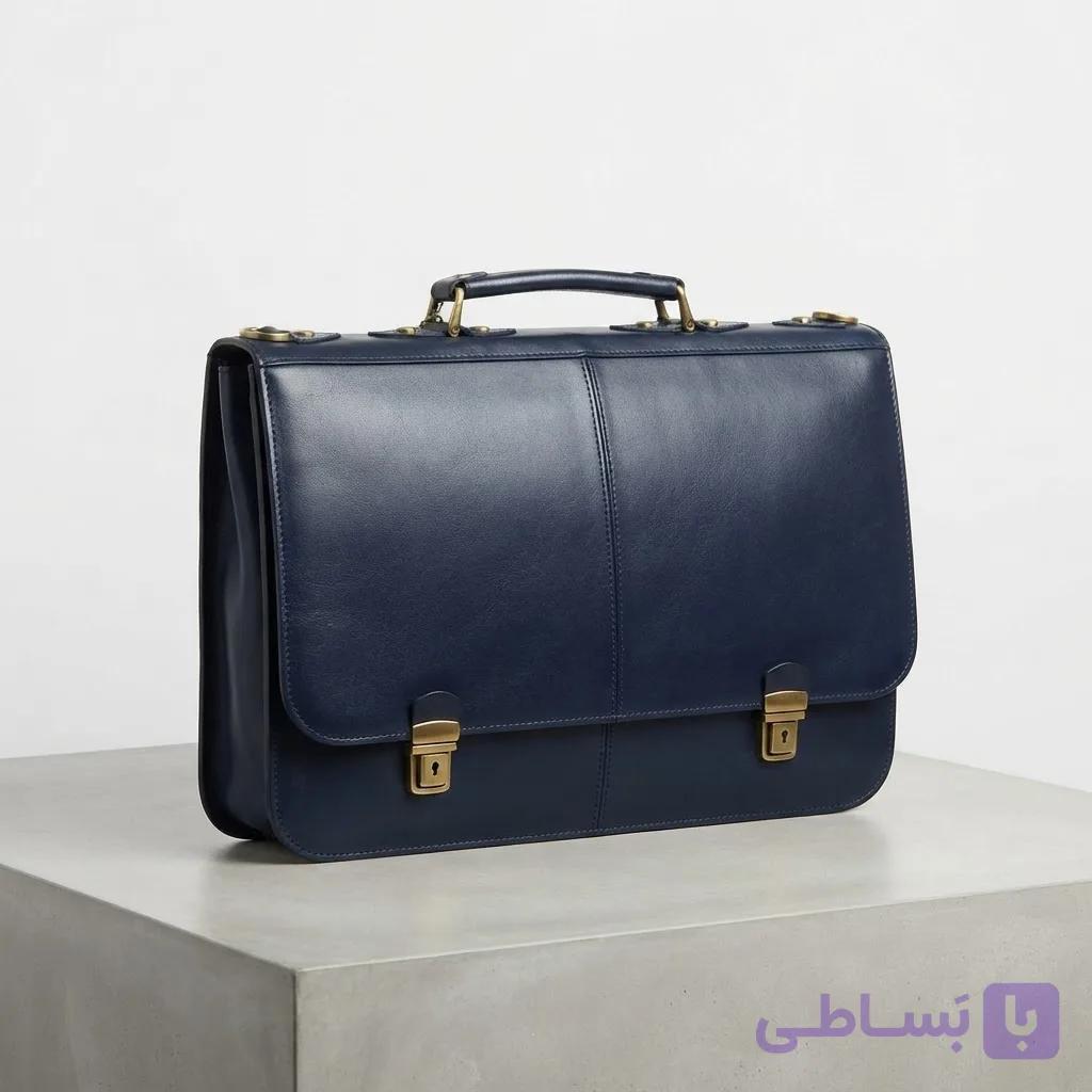 کیف اداری چرم طبیعی دو قفله سرمه‌ای کد KC-103