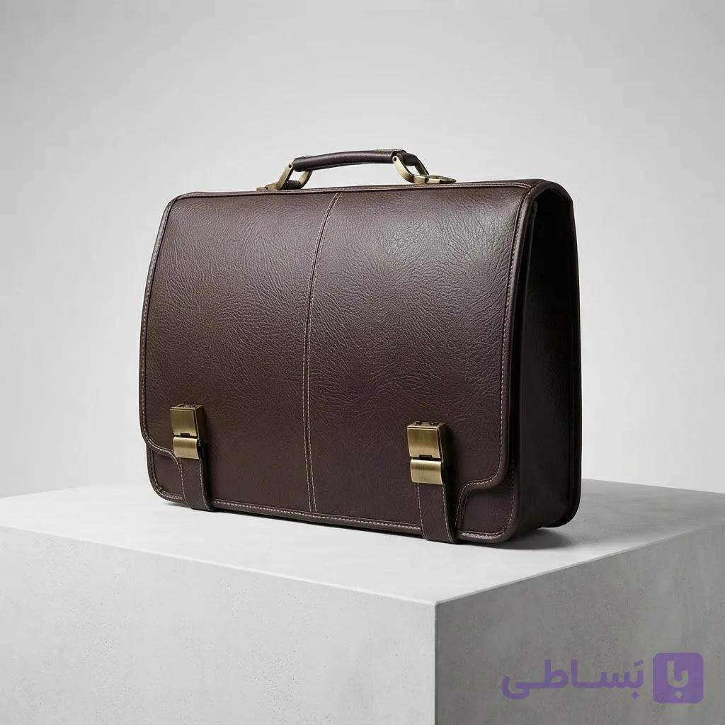 کیف اداری چرم مصنوعی دو قفله قهوه‌ای کد KC-104