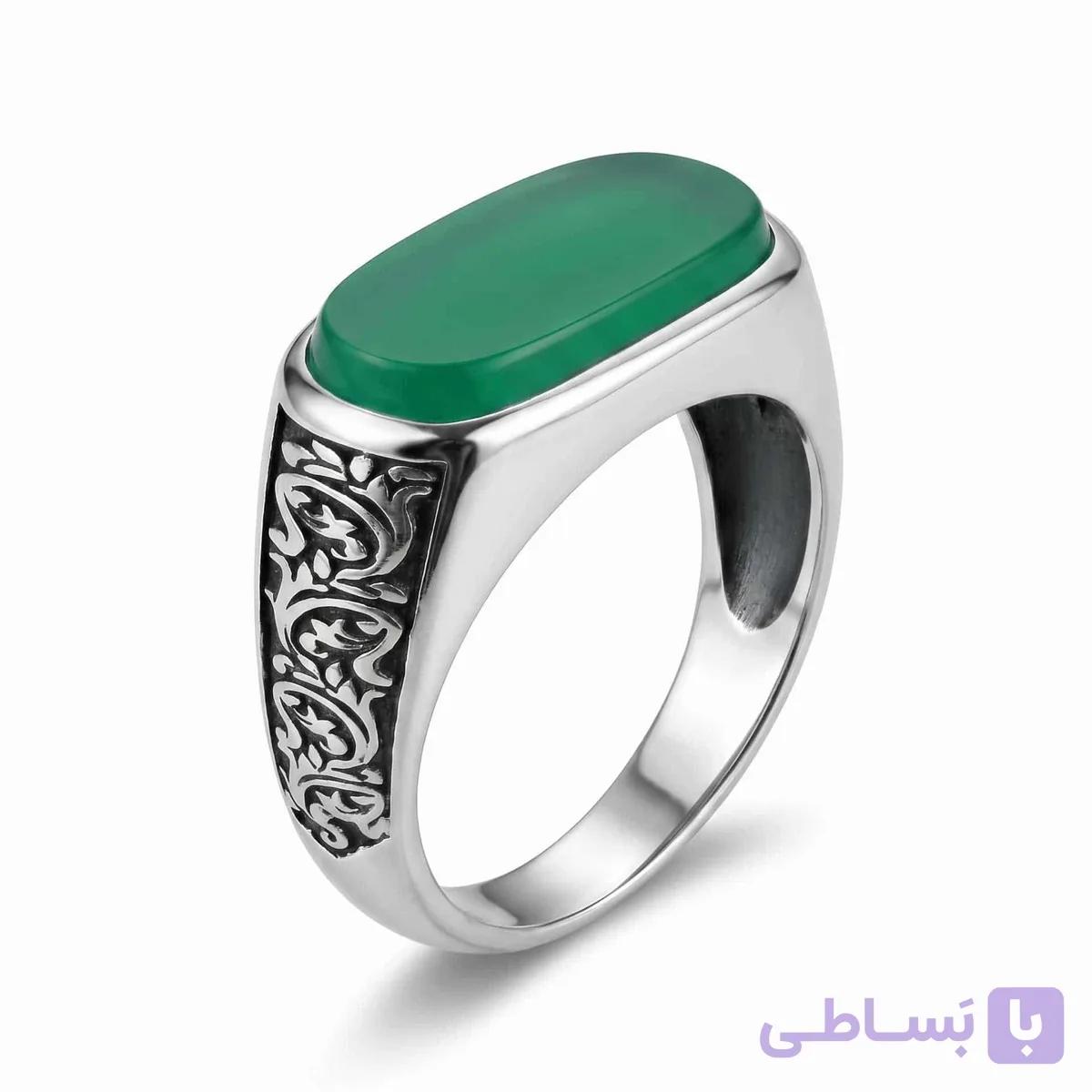 انگشتر نقره ست طرح کپسولی با عقیق سبز آب افتاده مدل مادر — تصویر 1