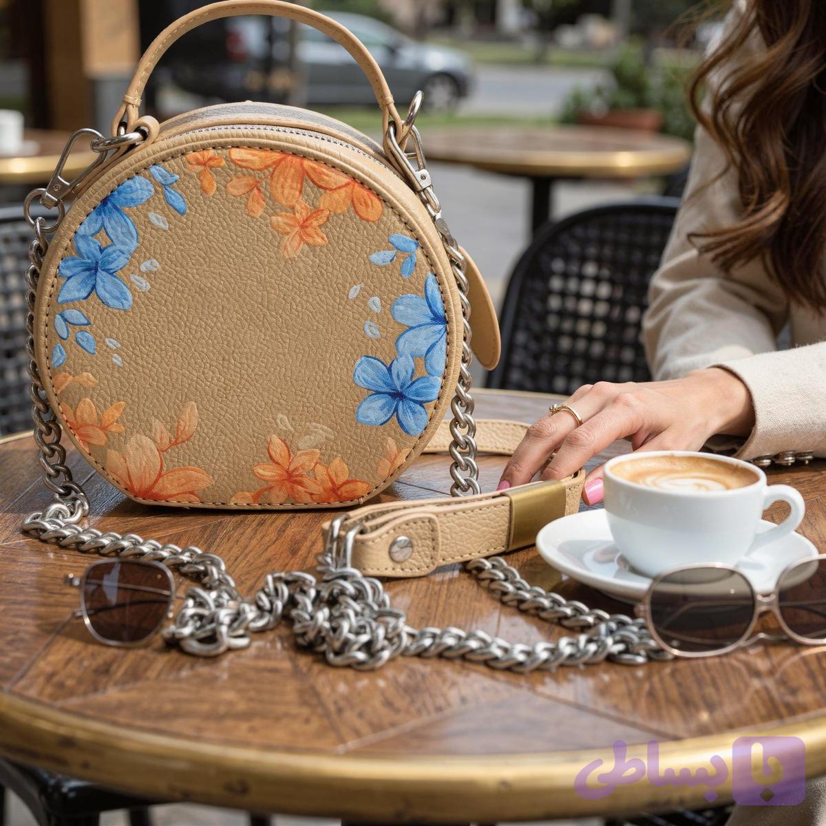 کیف چرم زنانه طرح دایره با گلهای طبیعت