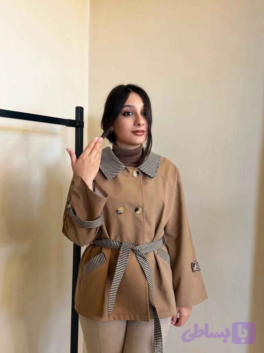 ترنچکت زنانه کتان با ترکیب پشمی چهارخانه | دوخت سفارشی مزون صبا فرشباف بنام — تصویر 1