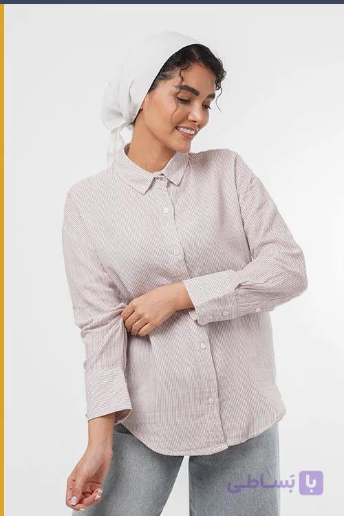 شومیز لینن راه راه سفید آجری TS001 — تصویر 1