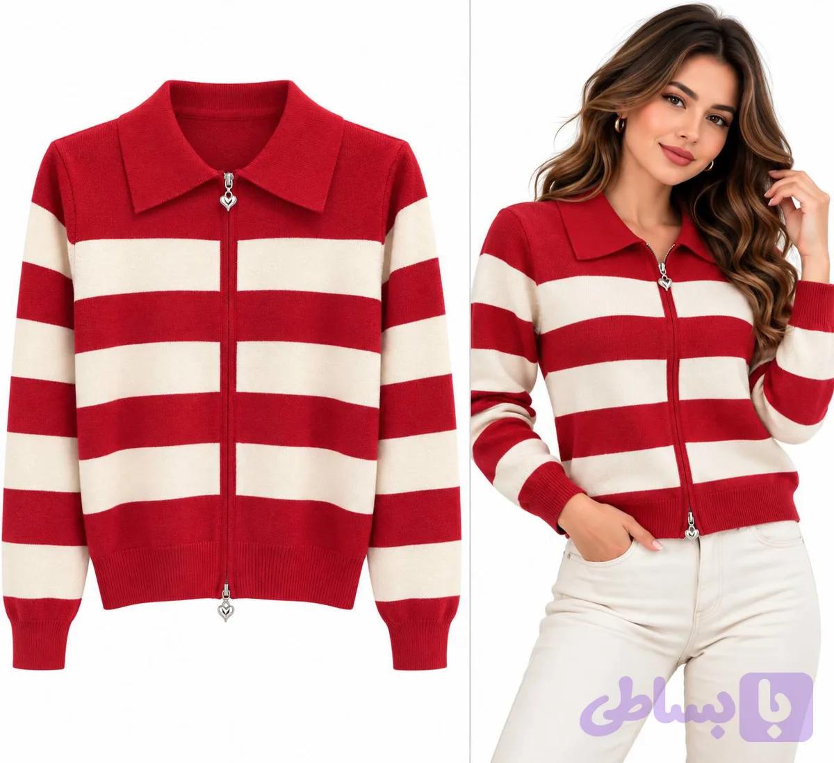 ژاکت بافت زنانه راه راه یقه دار با زیپ دو طرفه — تصویر 1