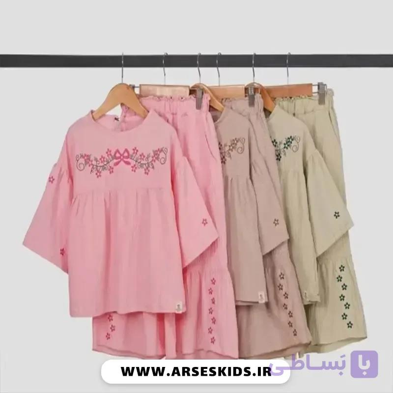 ست شومیز و شلوار دخترانه تابستانی بگ چین‌دار با گلدوزی گل — تصویر 1