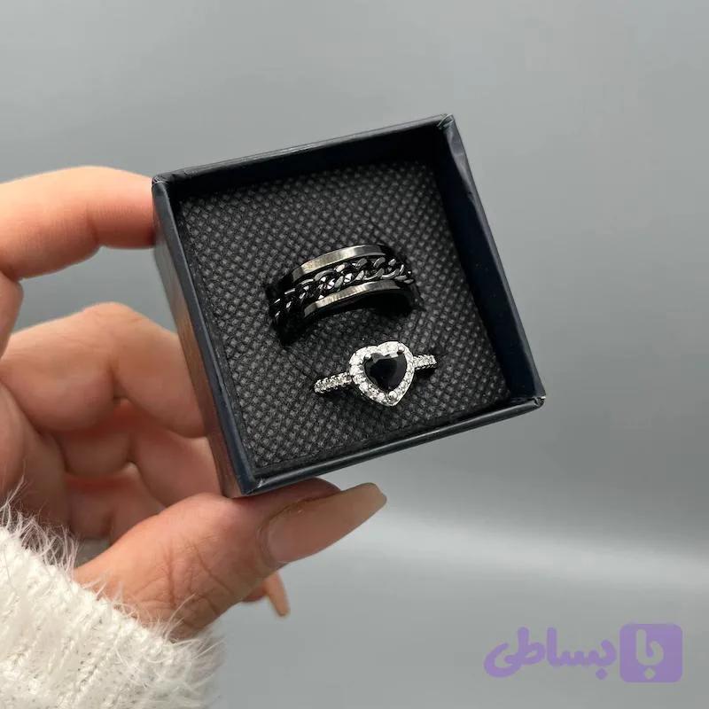 ست انگشتر کاپلی کارتیر و قلب مشکی دور نگین کد۱