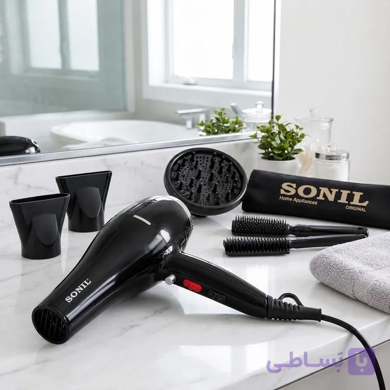 سشوار حرفه‌ای 2600 وات سانیل مدل STP-8803، موتور AC دارای سری متمرکز‌کننده باریک، متمرکز‌کننده پهن با ویژگی صاف‌کنندگی، حجم‌دهندگی، با قابلیت باد سرد