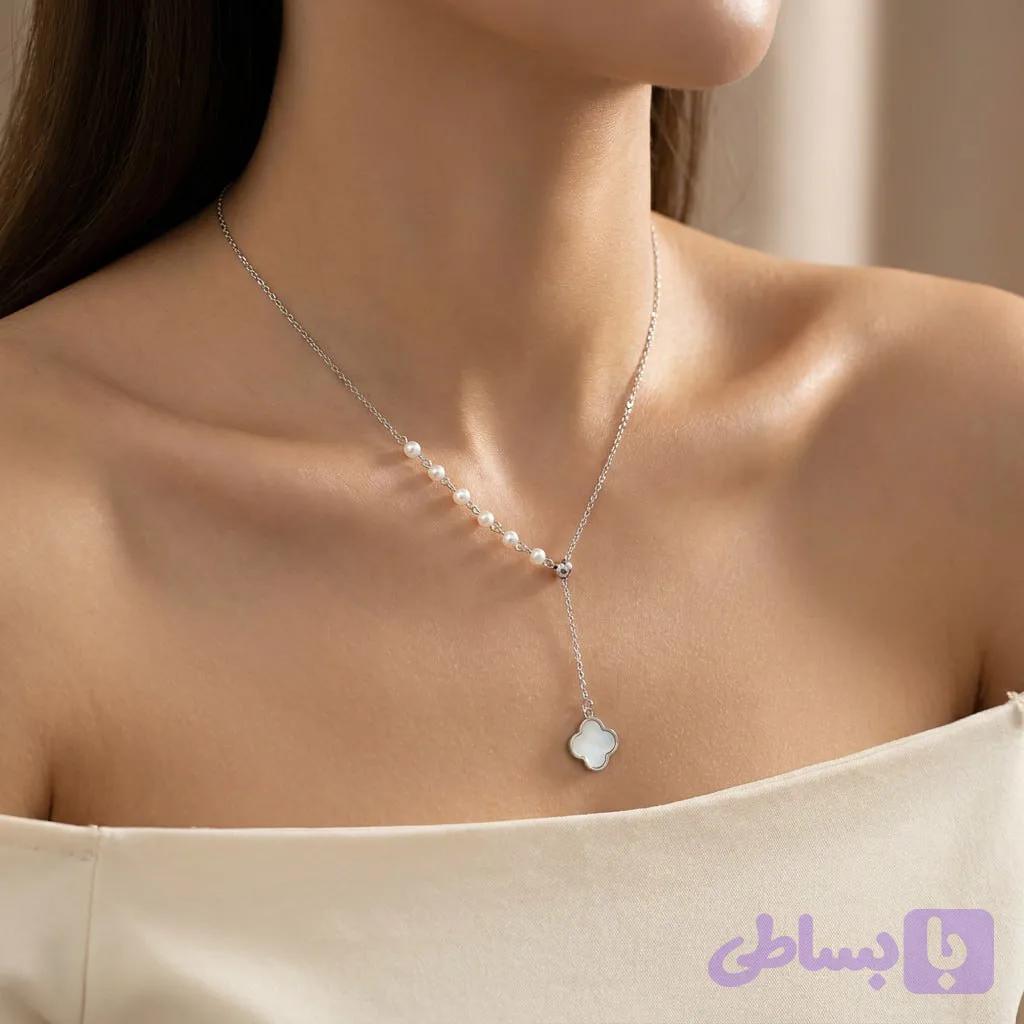 گردنبند نقره زنانه ۹۲۵ جواهری ترکیب مروارید و ونکلیف