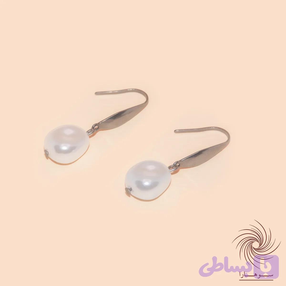 گوشواره استیل نقره‌ای آویز مروارید دفرمه — تصویر 1