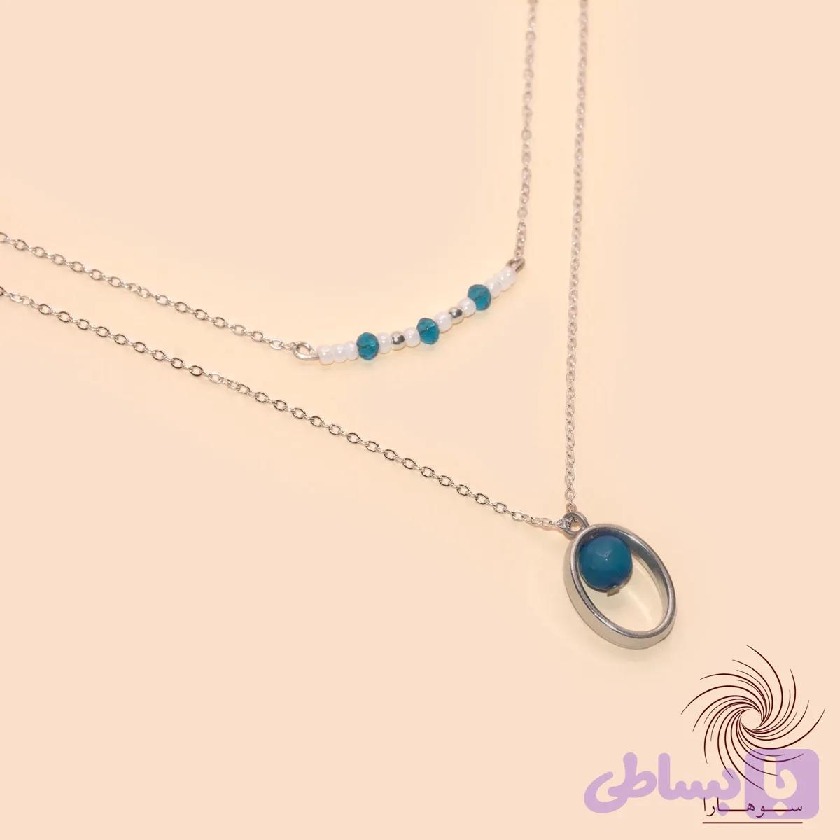 گردنبند نقره‌ای بیضی با سنگ آبی دو ردیفه — تصویر 1