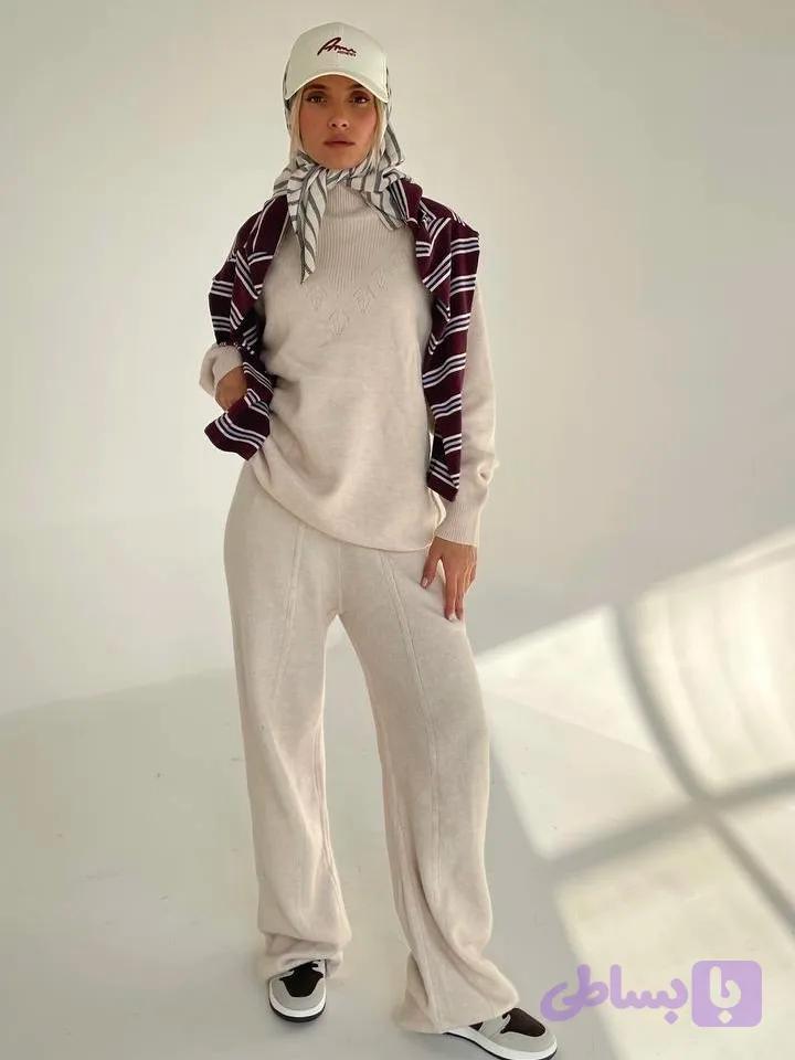 ست دو‌تکه بلوز و شلوار بافت زنانه مدل دلوین (Delvin) با قد بلند و تن‌خور آزاد (Oversize)