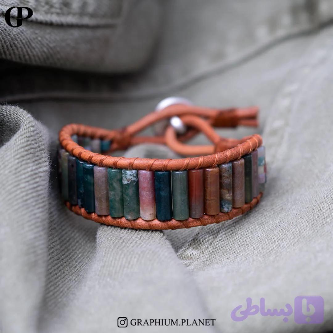 دستبند Gisume با سنگ عقیق خزه ایی و بندچرم