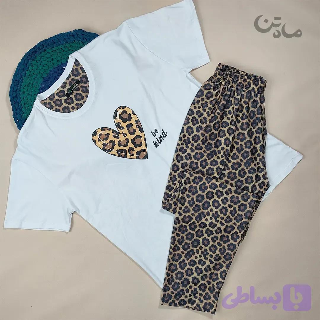 ست تیشرت و شلوار زنانه نخ پنبه مدل قلب پلنگی — تصویر 1