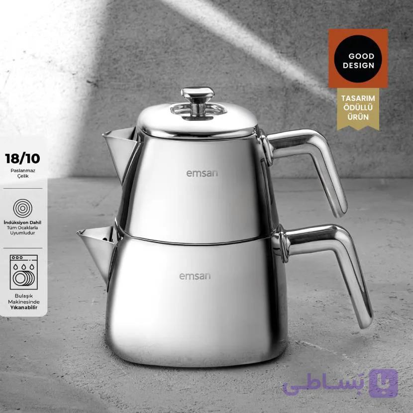 کتری قوری استیل امسان مدل Tea Time نقره ای کوچک — تصویر 1
