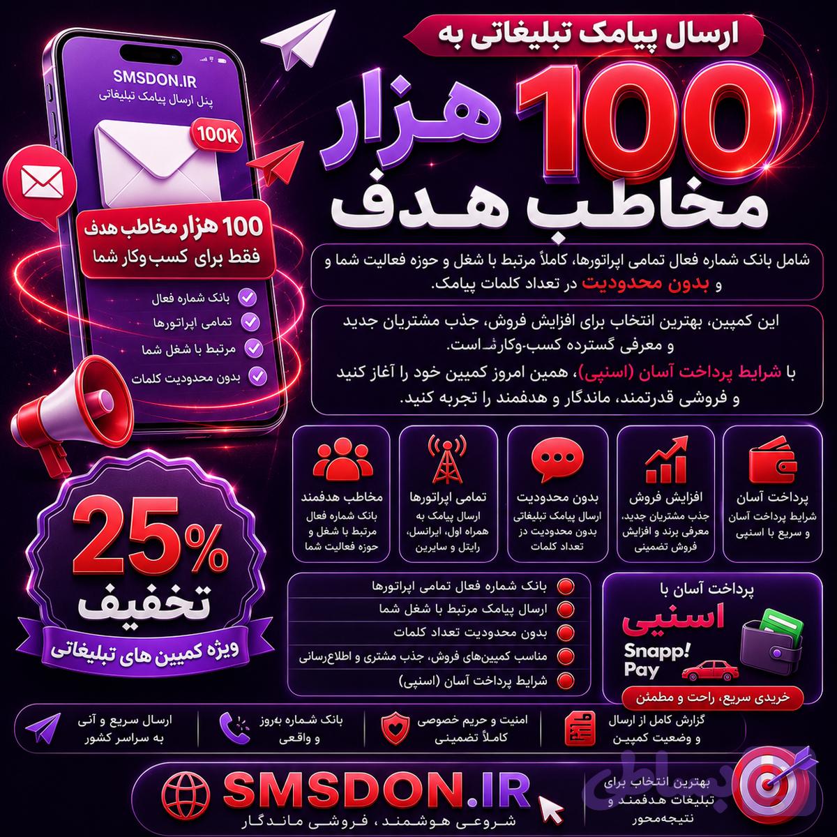 کمپین تبلیغات پیامکی 100 هزار مخاطب
