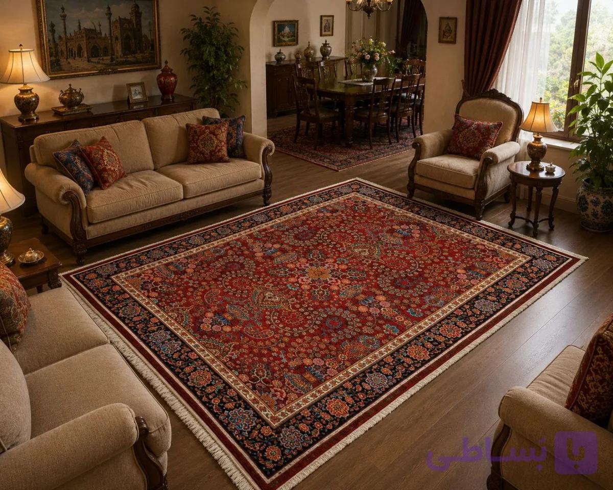 فرش پشم ماشینی گوشت‌دار ۷۰۰ شانه طرح افشان لاکی سایز دلخواه – کد 77029 — تصویر 1