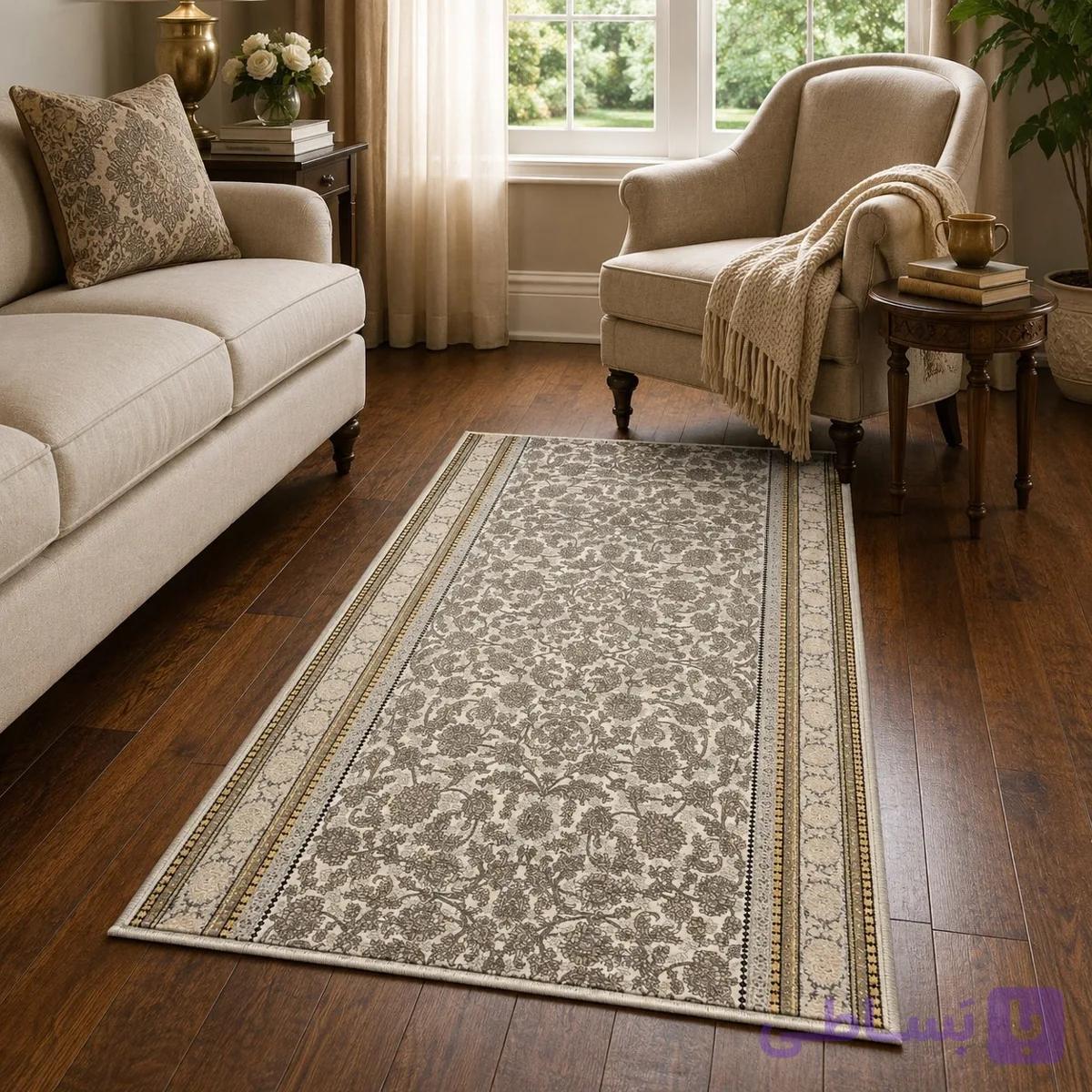 فرش کناره ماشینی 700 شانه طرح افشان طوسی کرم سایز 1×2 متر – کد 79495 — تصویر 1