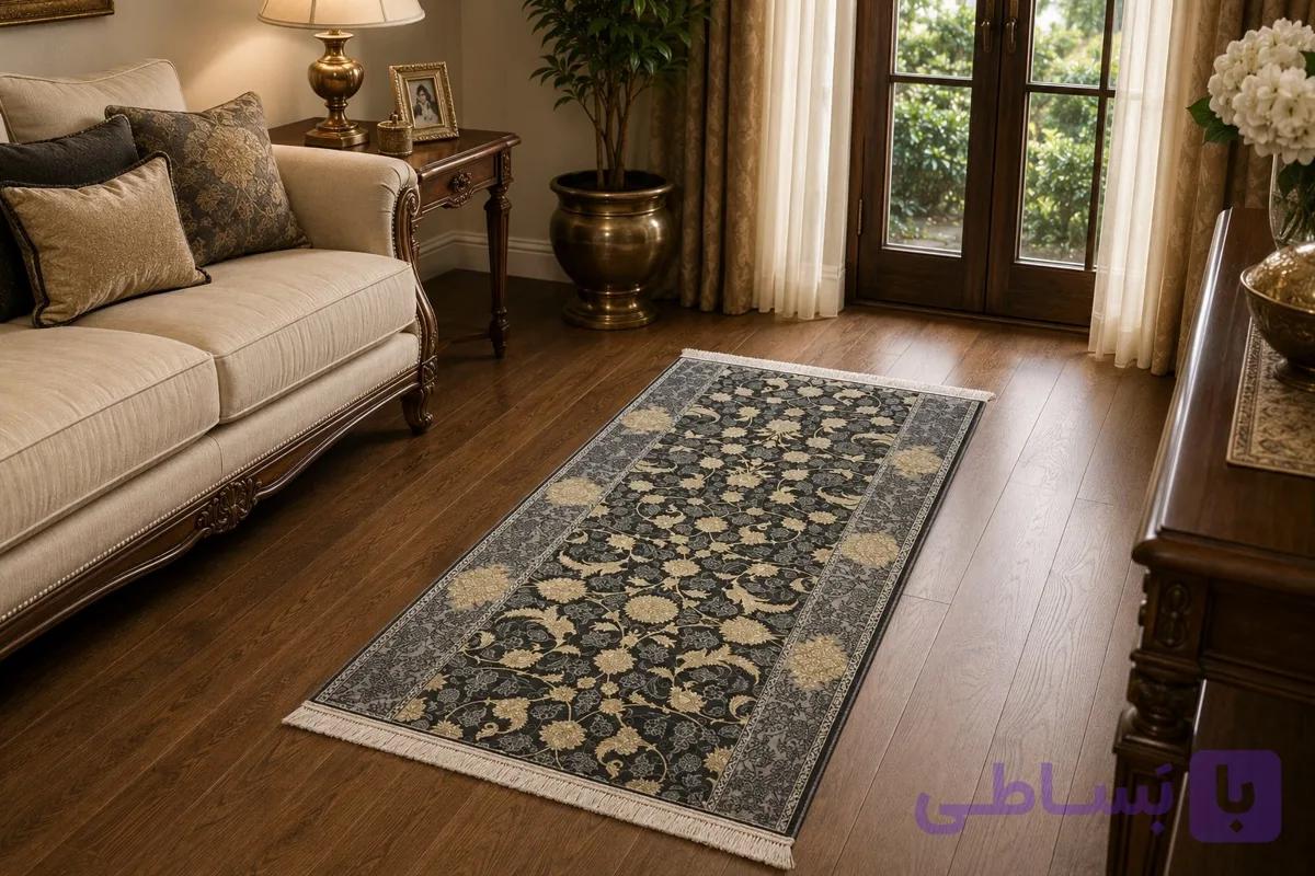 فرش کناره ماشینی 700 شانه طرح افشان اسلیمی مشکی طلایی سایز ۱×۲ متر – کد 79501 — تصویر 1
