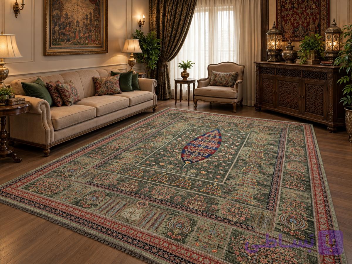 فرش ماشینی پلی اورژان دیبا طرح درخت زندگی رنگ سبز اندازه دلخواه – کد 79992 — تصویر 1