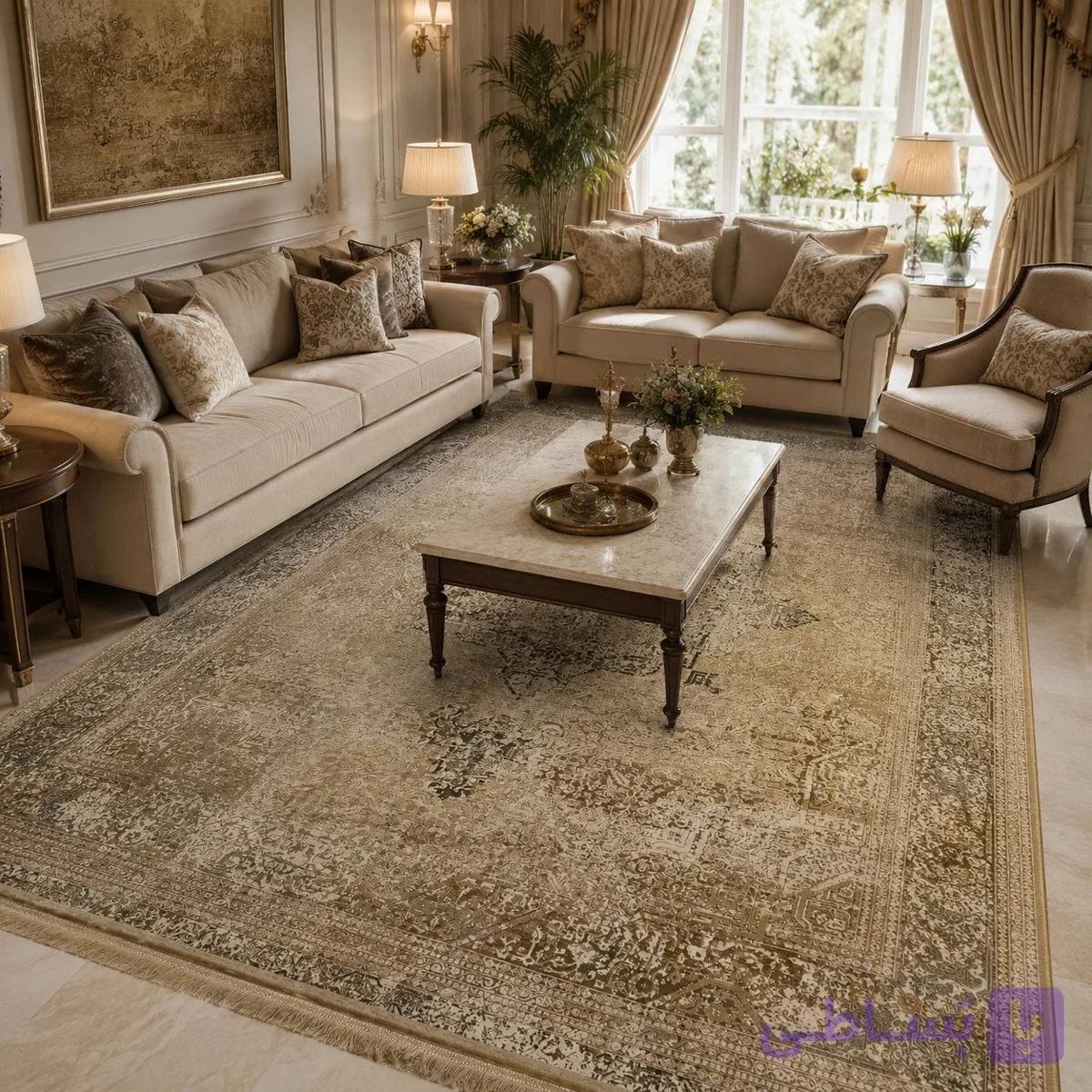 فرش ماشینی 1200 شانه پلی استر هیت ست تراکم 3600 طرح ترنج وینتیج بژ ۹ متری – کد 79340 — تصویر 1