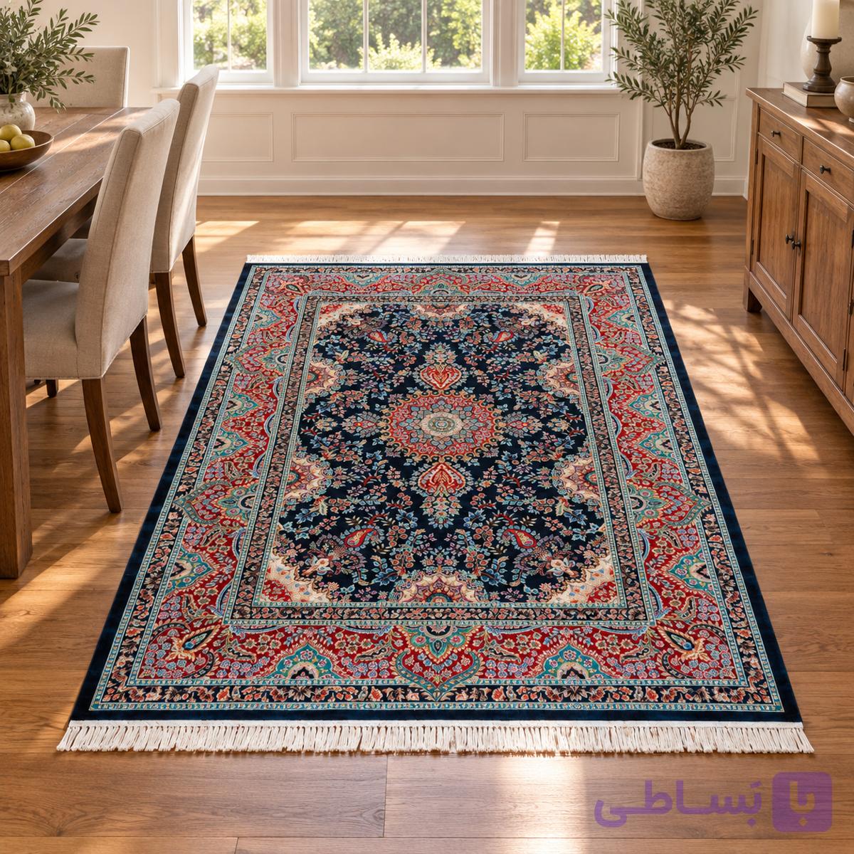 فرش پشم ماشینی گوشت دار 700 شانه طرح لچک و ترنج گل‌ریز – کد 76026 — تصویر 1