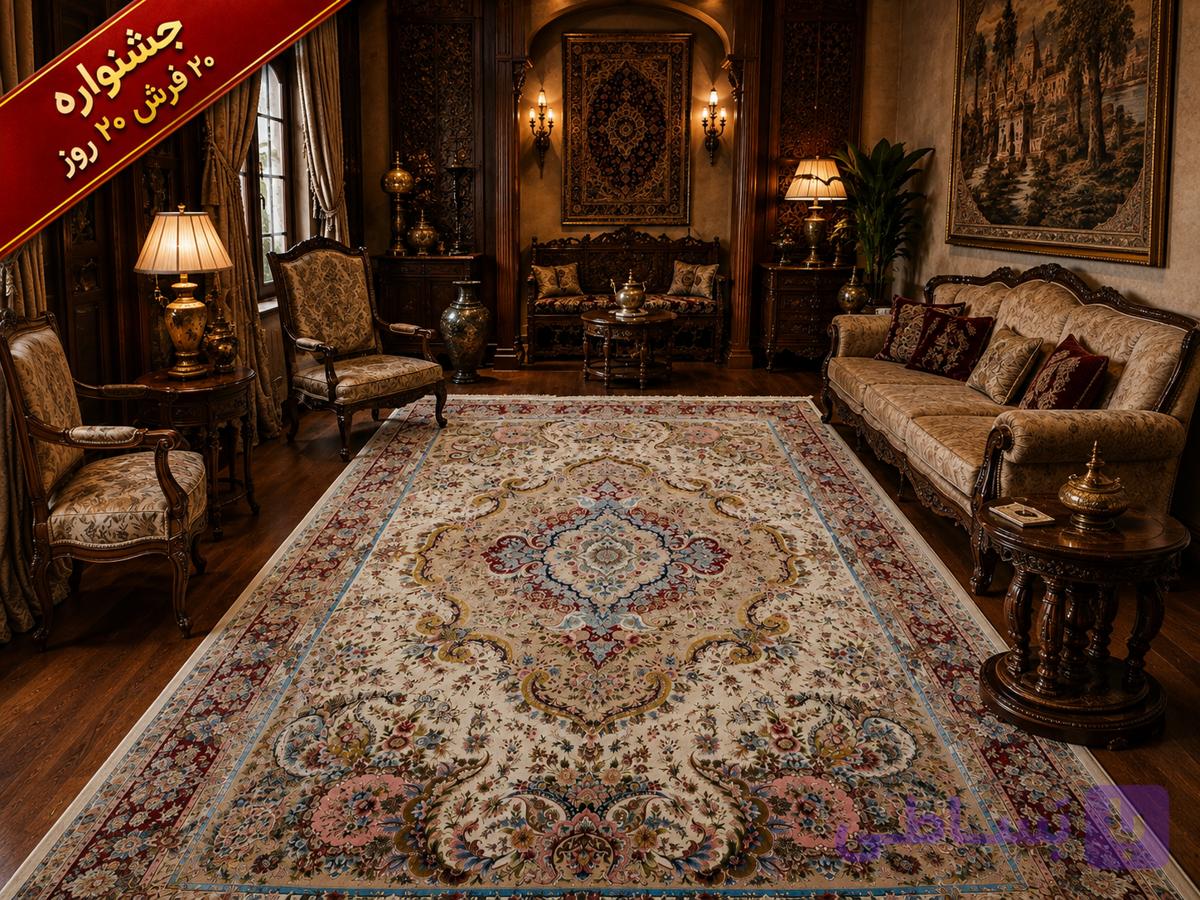 فرش ابریشمی ربات بافت دستکار طرح خطیبی 12 متری – کد 79808 — تصویر 1
