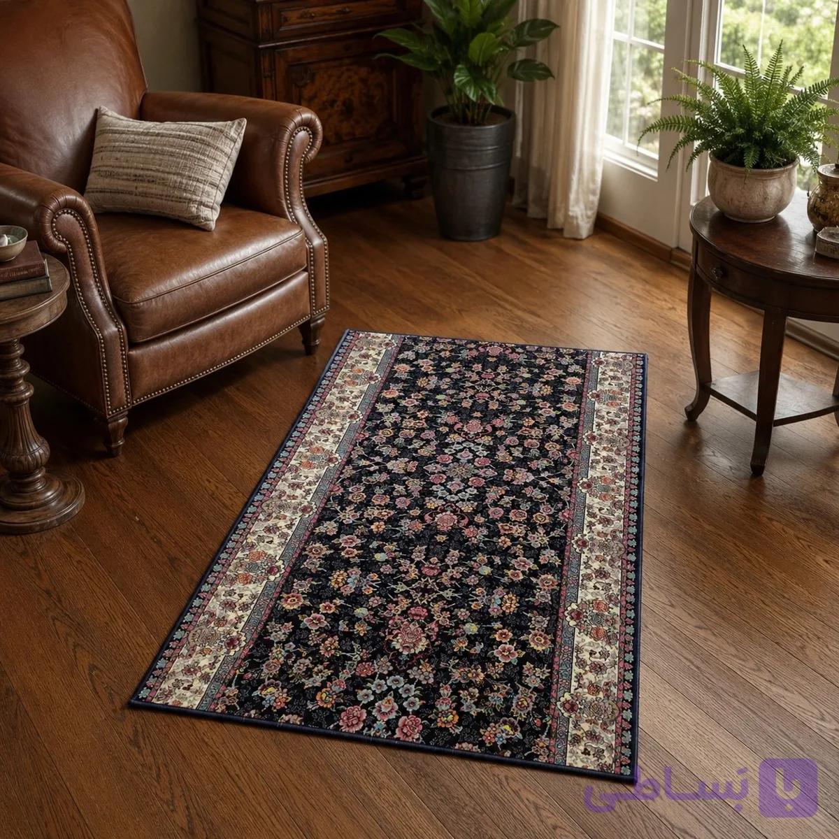 فرش کناره ماشینی 700 شانه طرح افشان گل‌ریز سرمه‌ای رنگارنگ سایز 1×2 متر – کد 79489 — تصویر 1