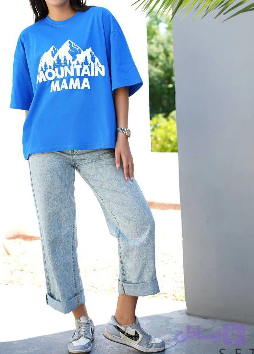 تیشرت زنانه نخ پنبه قواره دار با طرح Mountain Mama