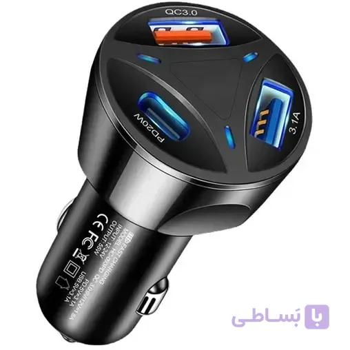شارژر فندکی ۳ پورت ۵۵ وات فست شارژ QC3 با دو خروجی USB و یک خروجی PD — تصویر 1