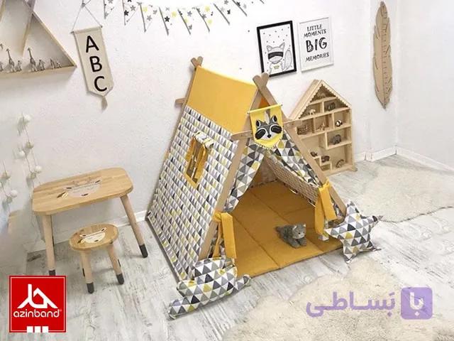چادر بازی کودک طرح کلبه مدل مثلثی هندسی (زرد و طوسی) | Play House