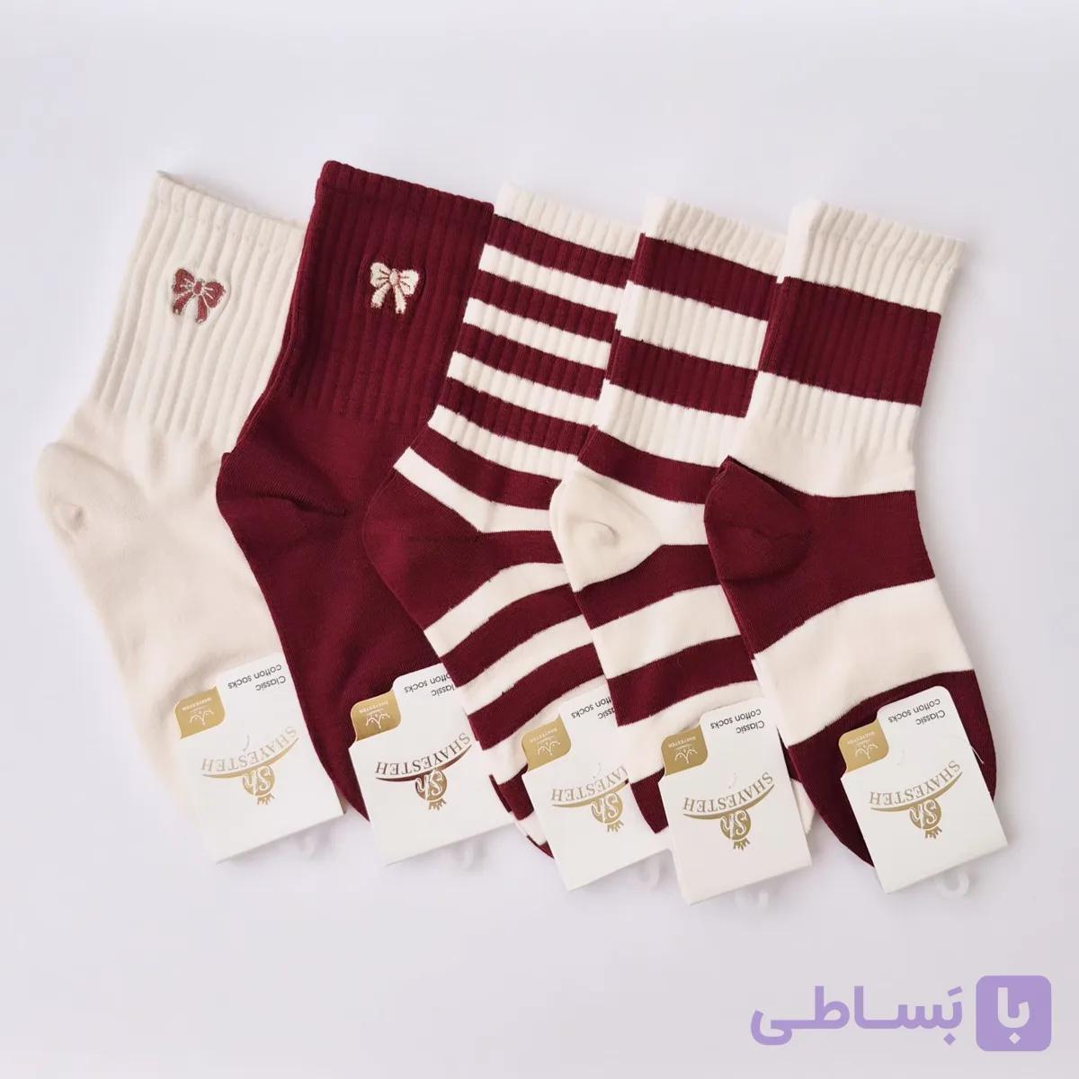 جوراب ساقدار رینگی ترکیبی کرم _ زرشکی دخترانه