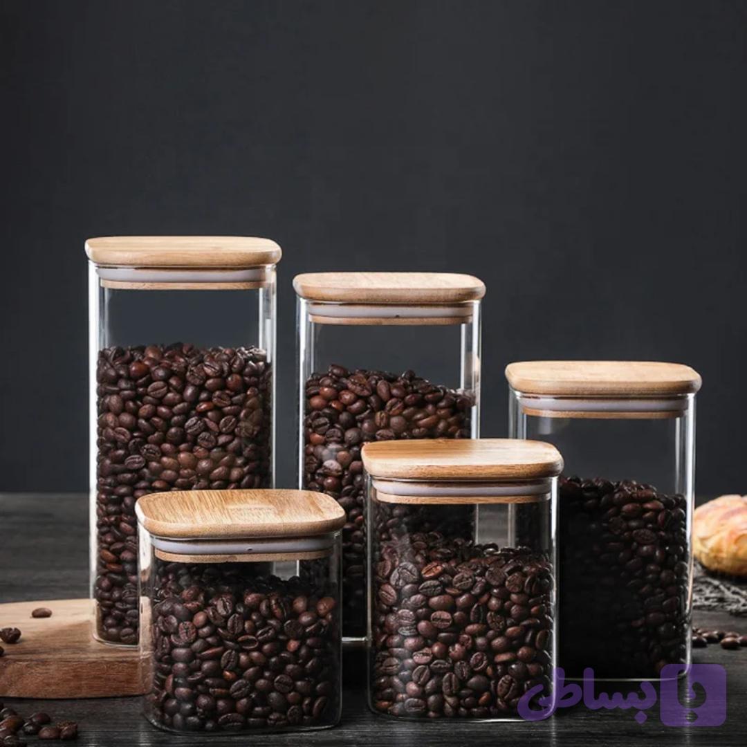 بانکه حبوبات پیرکس مربع درب بامبو( قطر ۱۰ سانتیمتر) ،وارداتی