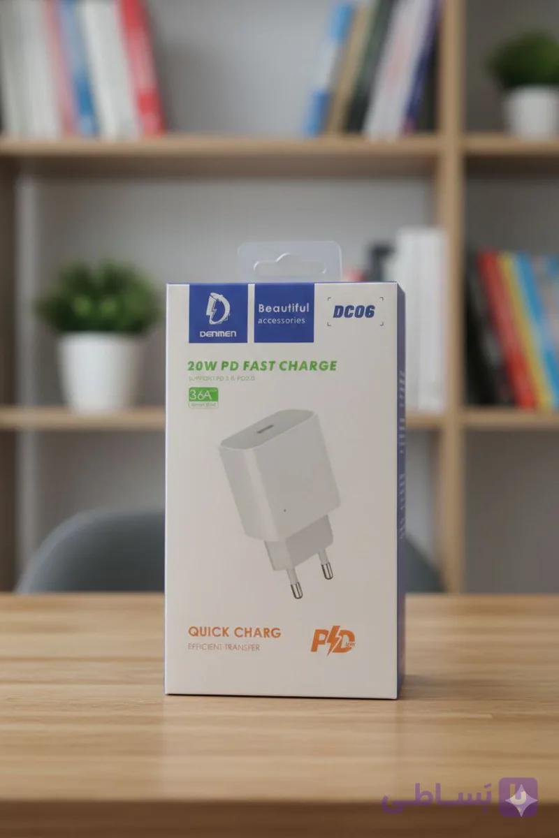 شارژر دیواری PD و فست 20W تک پورت DENMEN مدل DC06 همراه با کابل