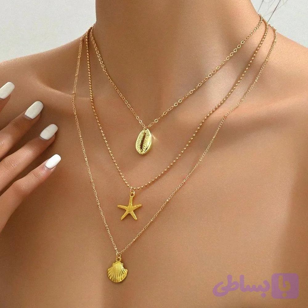 گردنبند سه لاین دریایی طلایی و نقره ای