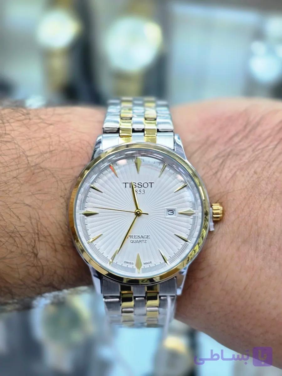 ساعت مچی تیسوت مردانه دورنگ طلایی نوکلی تقویم دار | Tissot 1853 استیل و طلایی ضد زنگ با جعبه و کارت گارانتی