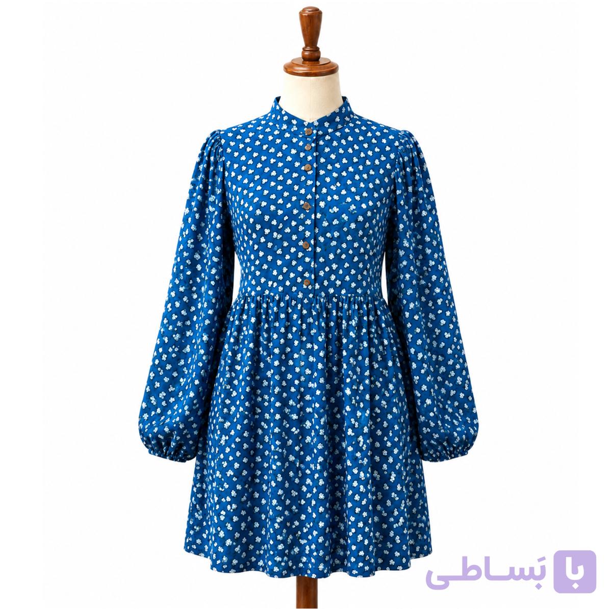 شومیز زنانه نخی تابستانه خنک دکمه دار گلگلی سایزبندی آبی — تصویر 1