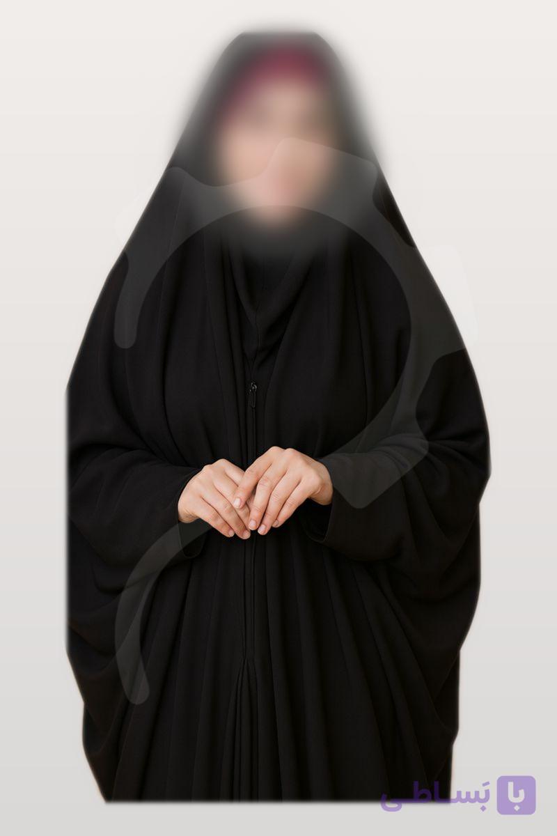چادر لبنانی حریرالاسود کرپ زنانه اربعین پارچه مشکی صدفی آستین دار — تصویر 1