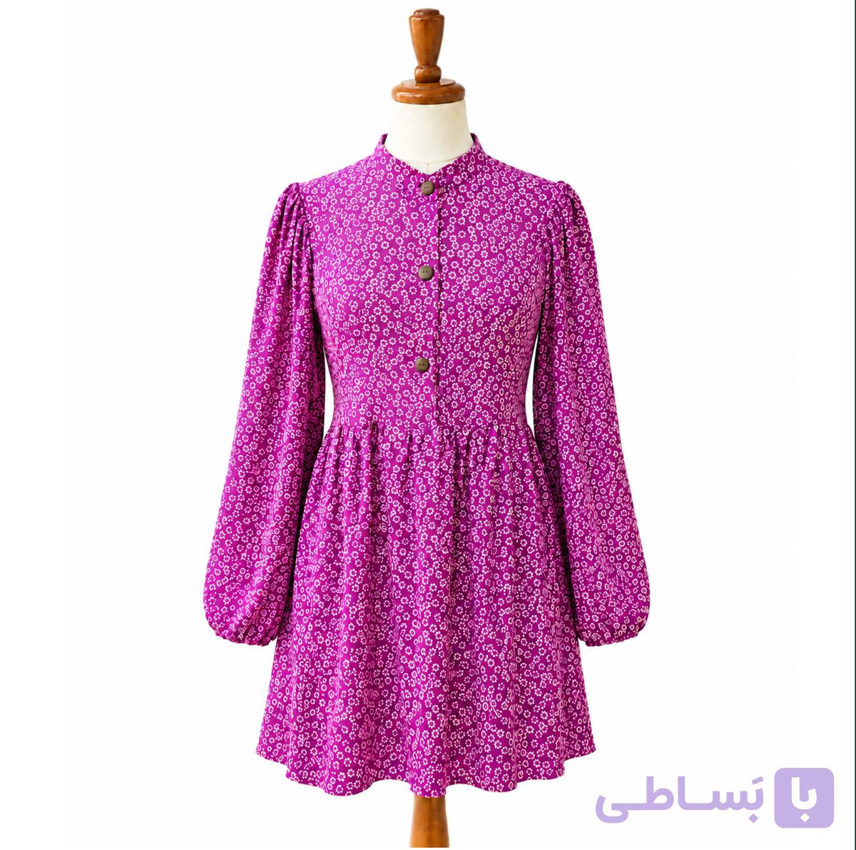 شومیز زنانه نخی تابستانه خنک دکمه دار گلگلی سایزبندی بنفش — تصویر 1
