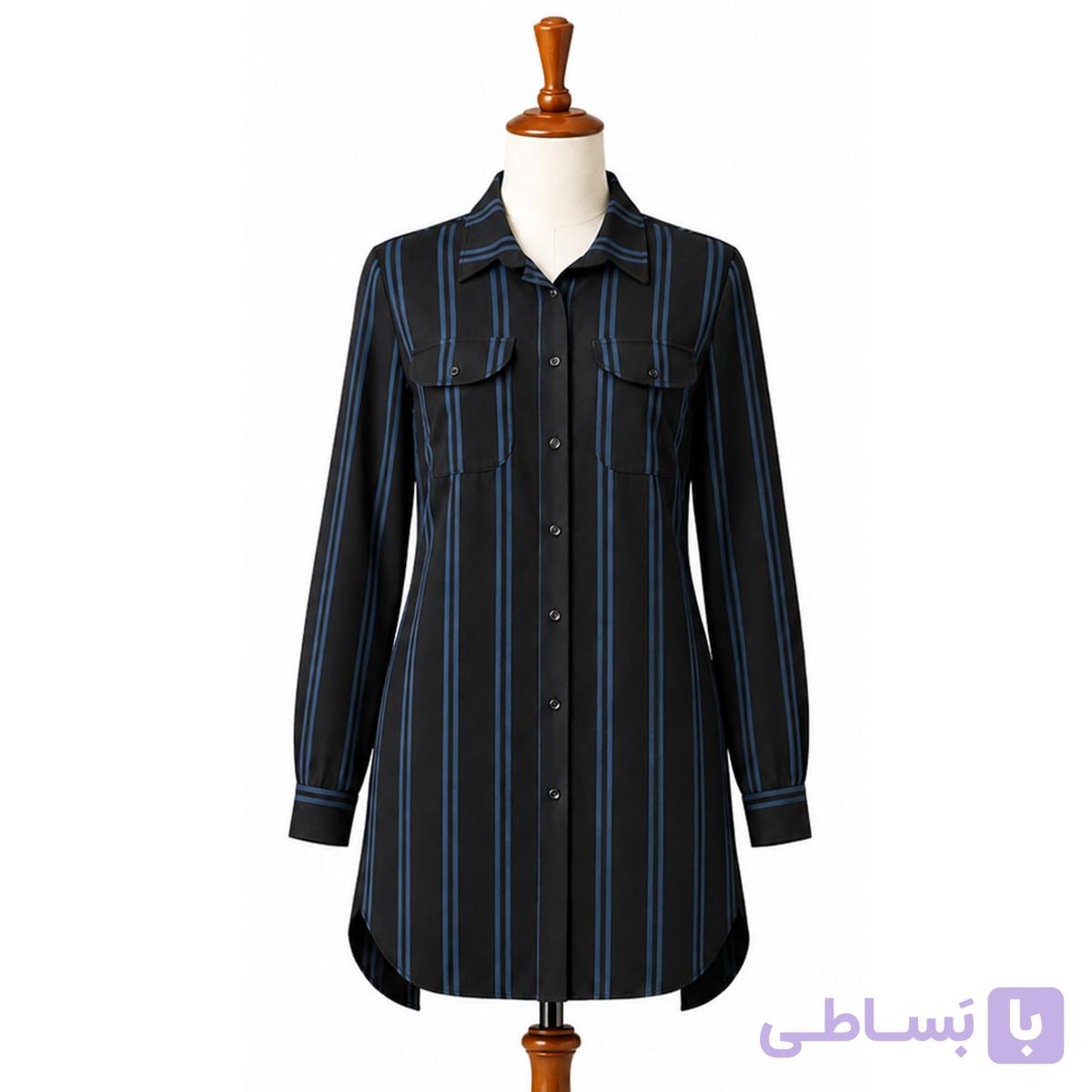 شومیز زنانه نخی لنین لینن تابستانه خنک دکمه دار راه راه فری سایز مشکی — تصویر 1