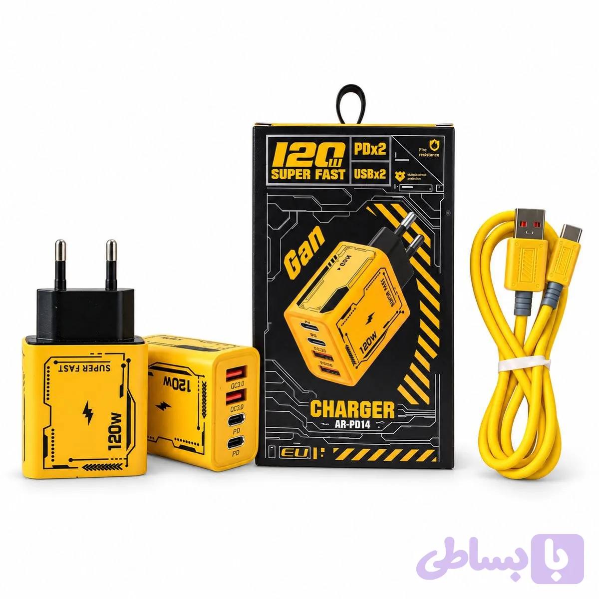 شارژر دیواری فست شارژ 4 پورت GaN مدل AR-PD14 توان 120 وات همراه با کابل Type-C