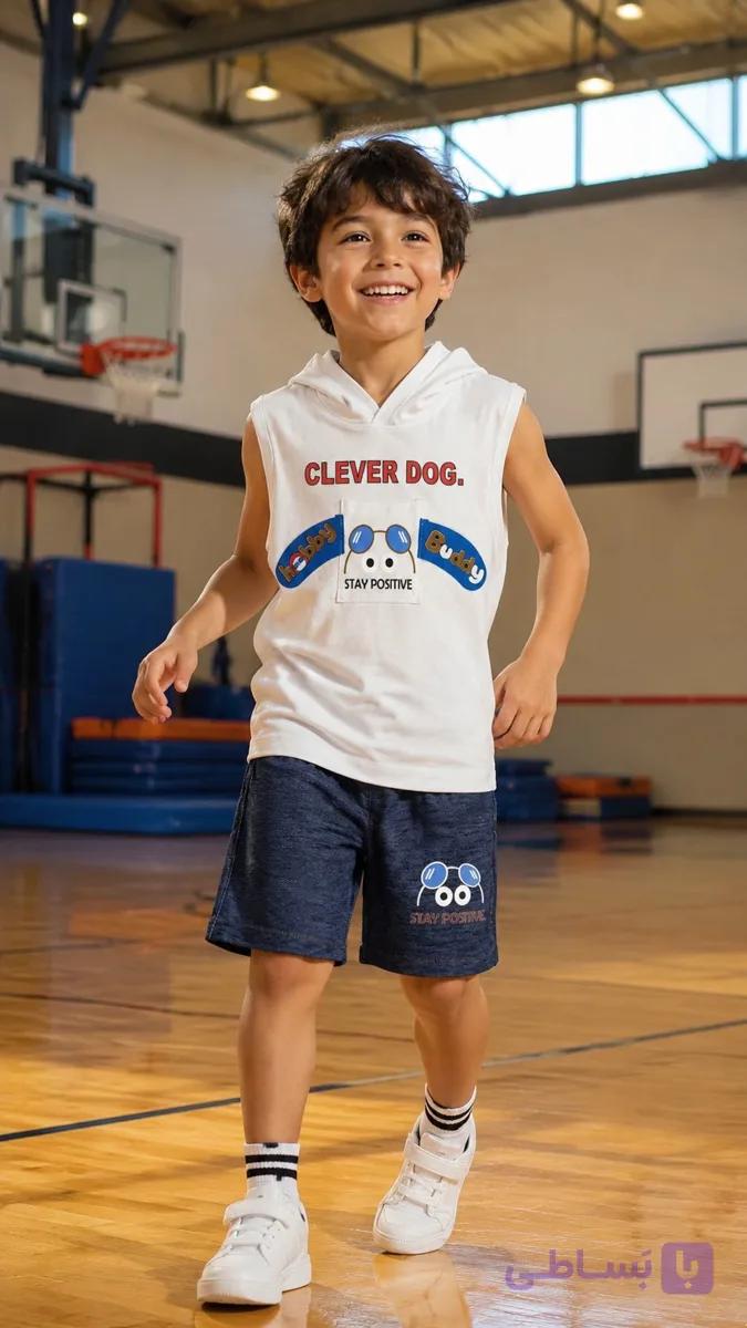 تاپ کلاه دار پسرانه با شلوارک جیب دار کمر غلفتی طرح CLEVER DOG — تصویر 1